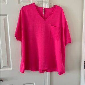 Zenana Bright Pink V-Neck Top